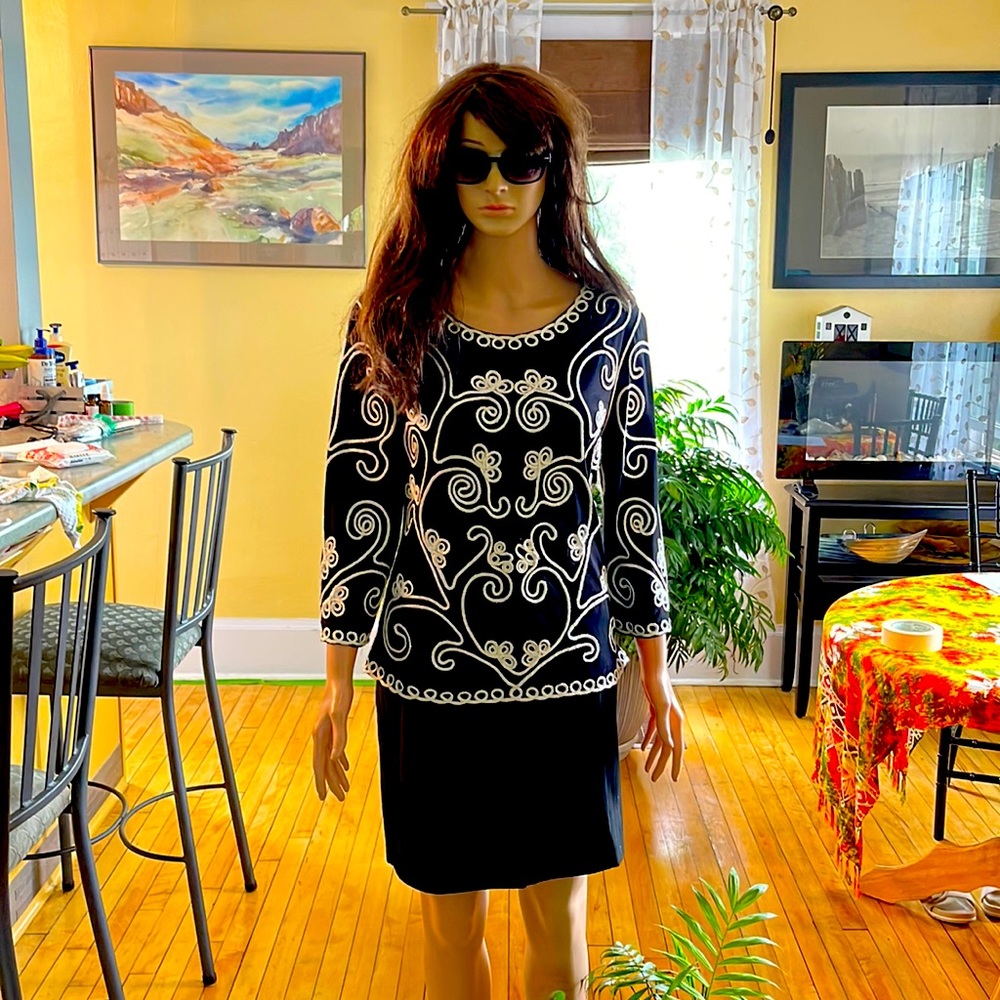 Beautiful embroidered Top Black and White Back and White Pin Striped Skirt